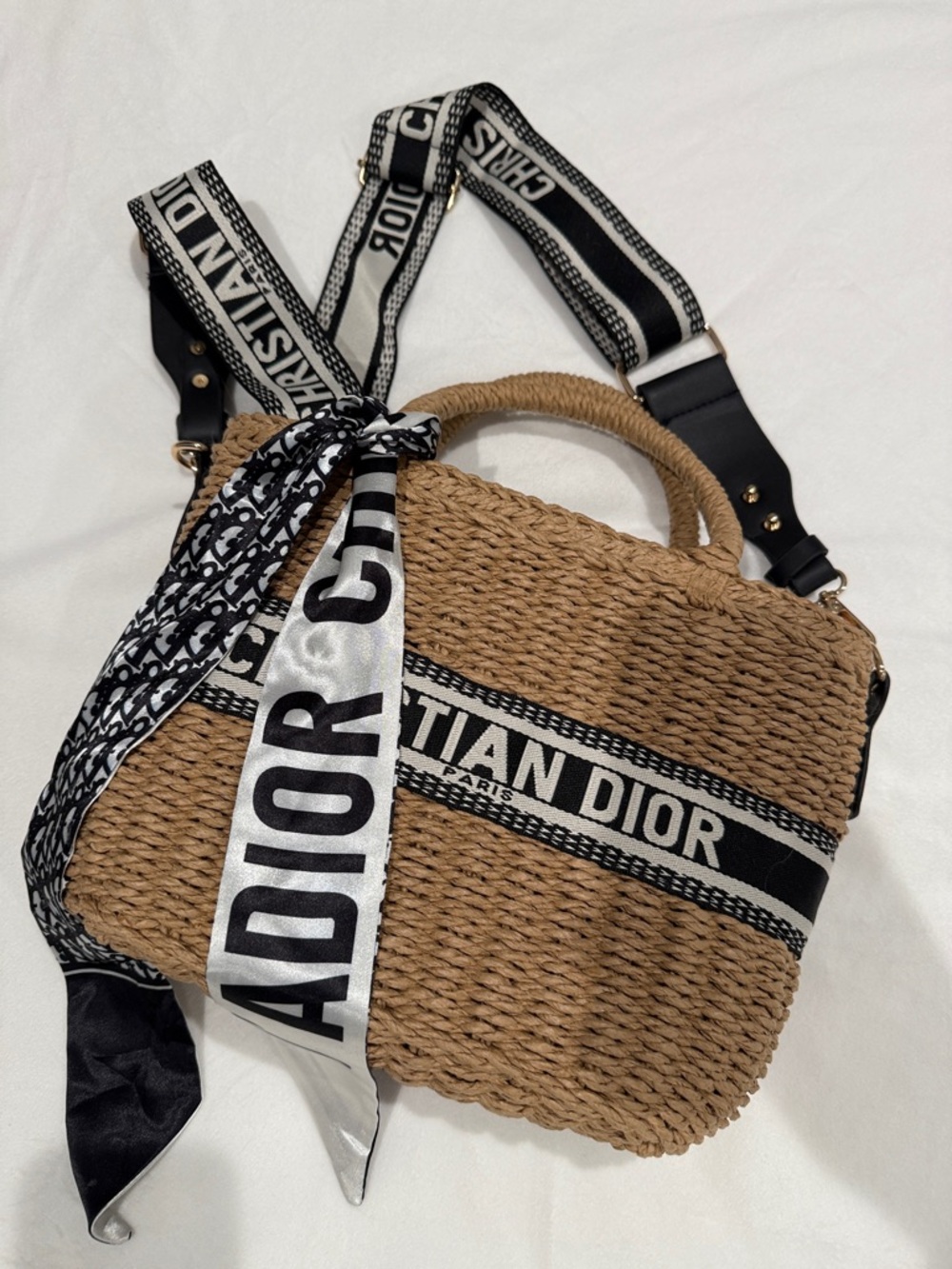 Dior Woven Tan Tote with Black & White Logo Bands